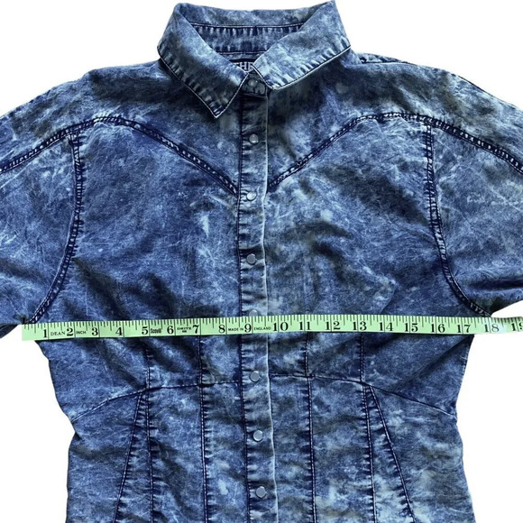 Thrill Jeans Denim Shirt, Medium, Pearl Snap‎ 80's Acid Washed Western Smocking - Picture 9 of 12